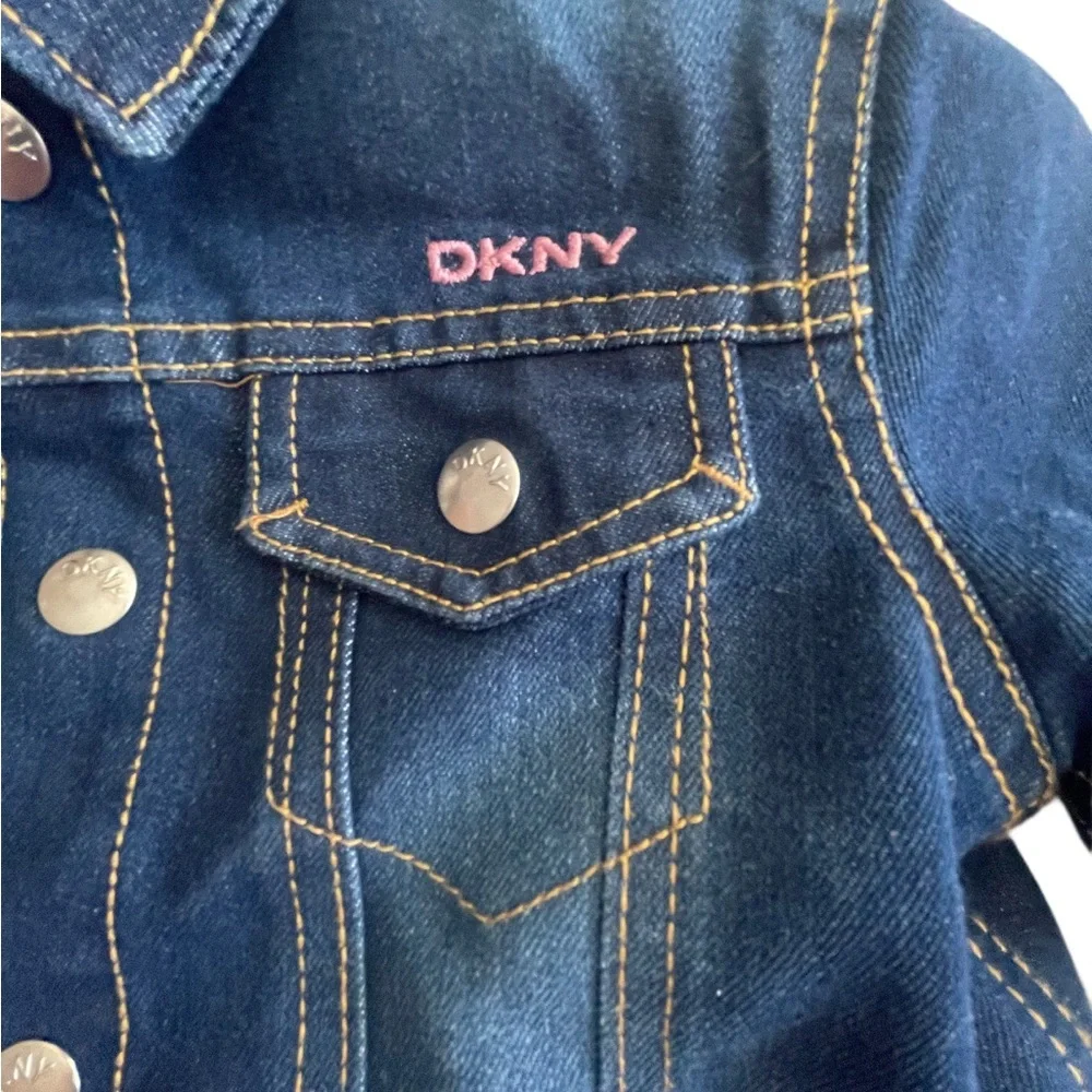 DKNY Denim Girls Jean Jacket - Size 6 Pink logo